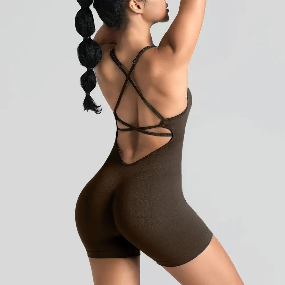 Tessa Strappy-Back Romper - Seamless Nylon Yoga Bodysuit with Shorts