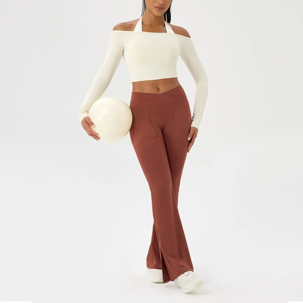 Sable Off-Shoulder Long-Sleeve Top - Nylon Quick-Dry Gym Top