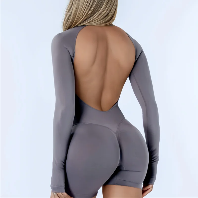Ember Open-Back Long-Sleeve Jumpsuit - Nylon Backless Yoga Bodysuit for Women