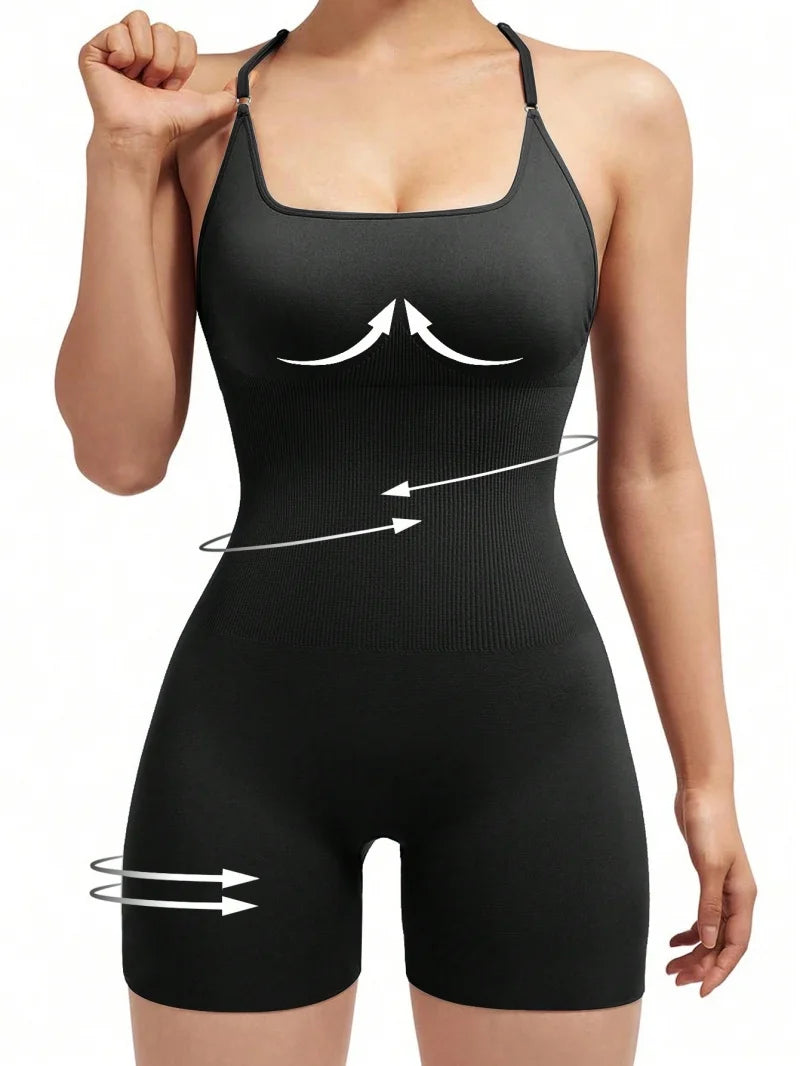 Cleo Cross-Back Scrunch Romper - Adjustable Strappy Gym Bodysuit