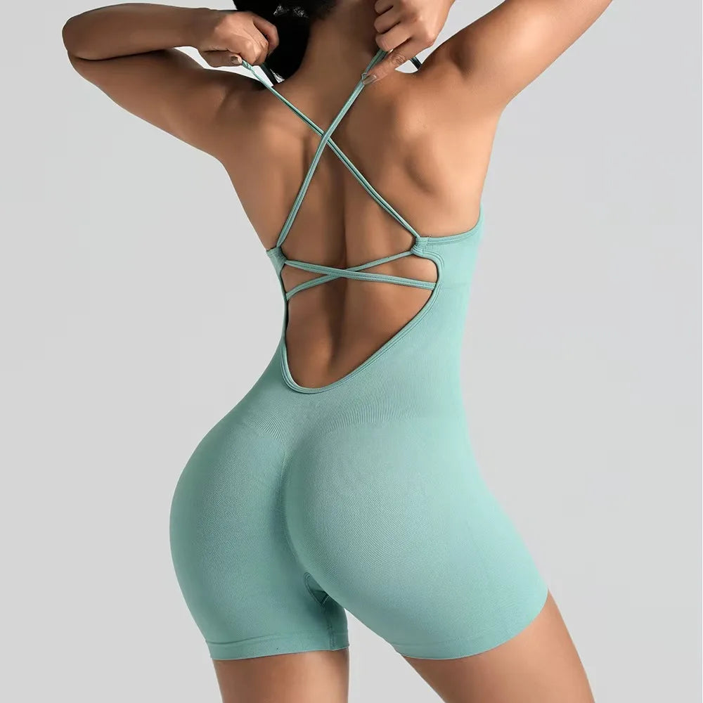 Tessa Strappy-Back Romper - Seamless Nylon Yoga Bodysuit with Shorts