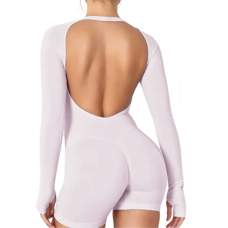Ember Open-Back Long-Sleeve Jumpsuit - Nylon Backless Yoga Bodysuit for Women