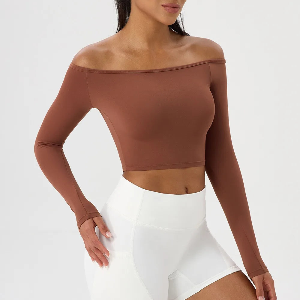 Sable Off-Shoulder Long-Sleeve Top - Nylon Quick-Dry Gym Top