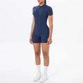 Ivy Zip Open-Back Romper - Short-Sleeve Nylon Biker Bodysuit