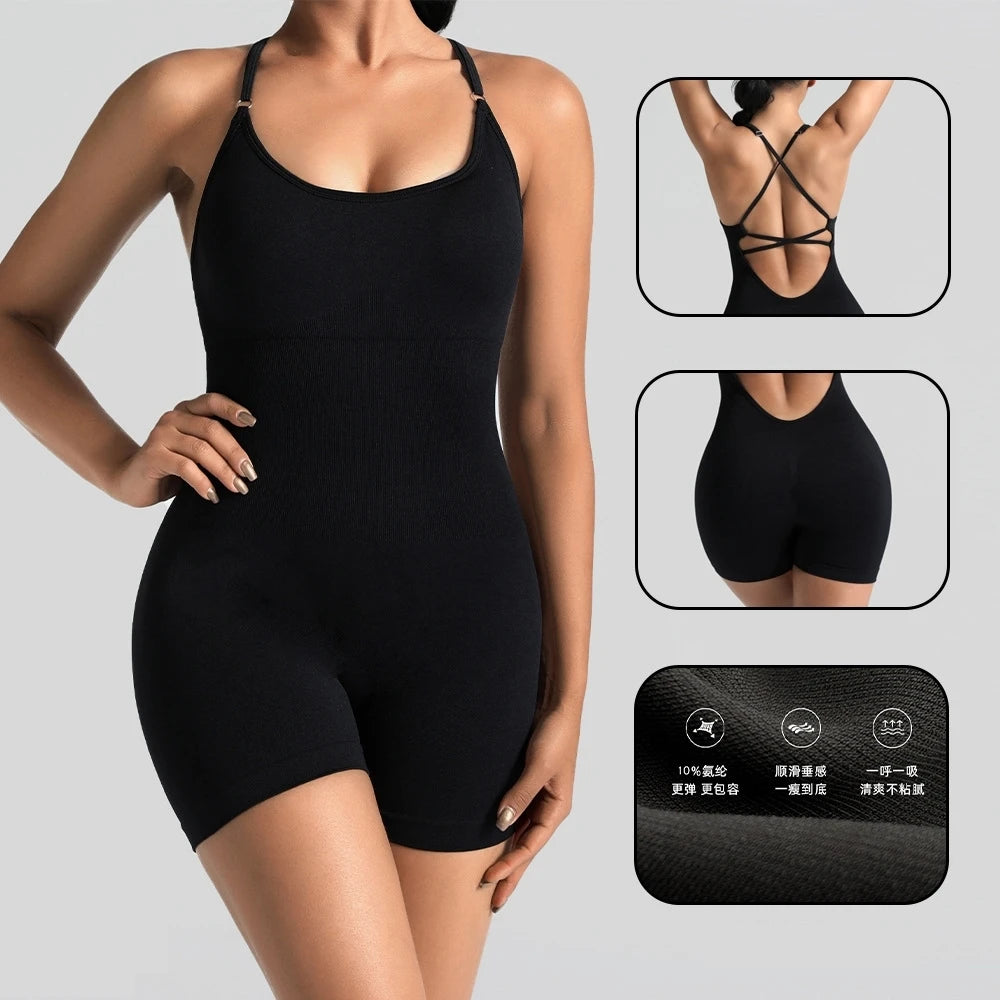 Juno Everyday Gym Romper - Nylon One-Piece Workout Bodysuit with Shorts
