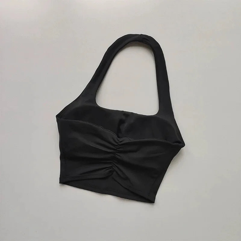 Aurelie Pleated Halter Bra - Open-Back Padded Nylon Sports Bra