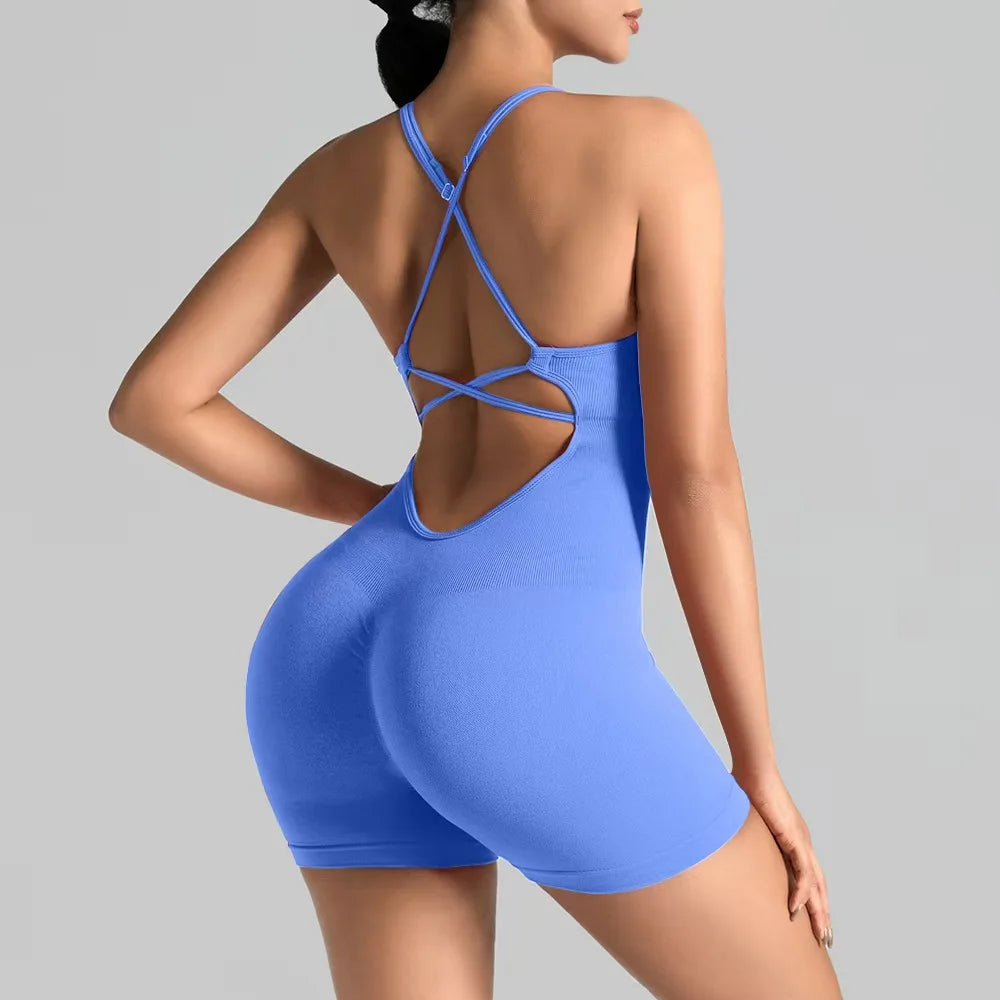 Tessa Strappy-Back Romper - Seamless Nylon Yoga Bodysuit with Shorts
