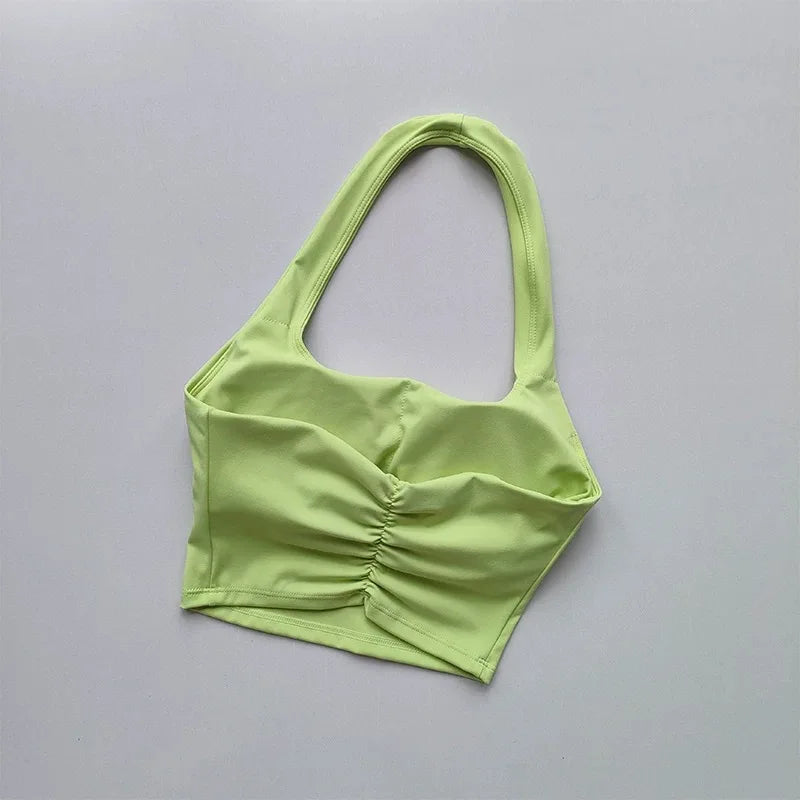 Aurelie Pleated Halter Bra - Open-Back Padded Nylon Sports Bra