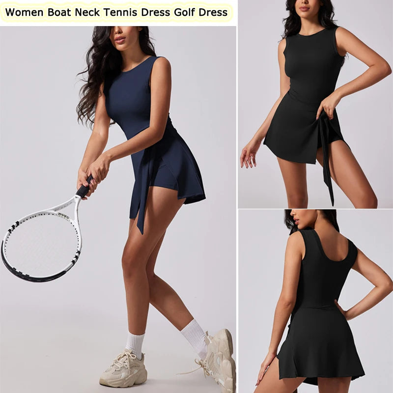 Clara Tennis Dress - Sleeveless Boat-Neck Dress with Built-In Shorts