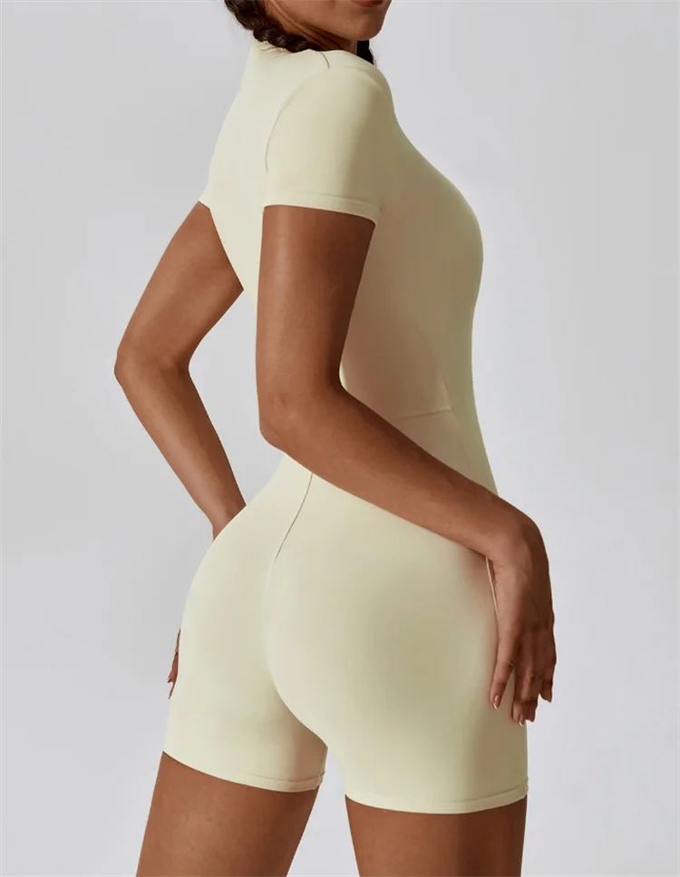Sloane Half-Zip Romper - Short-Sleeve Mock-Neck Nylon Biker Bodysuit