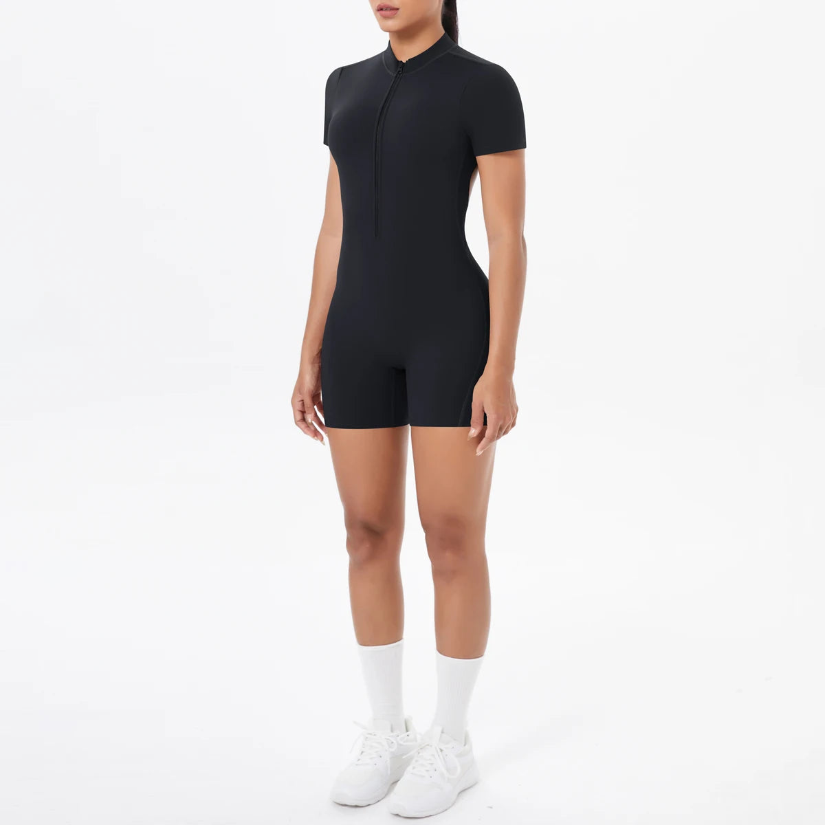 Ivy Zip Open-Back Romper - Short-Sleeve Nylon Biker Bodysuit