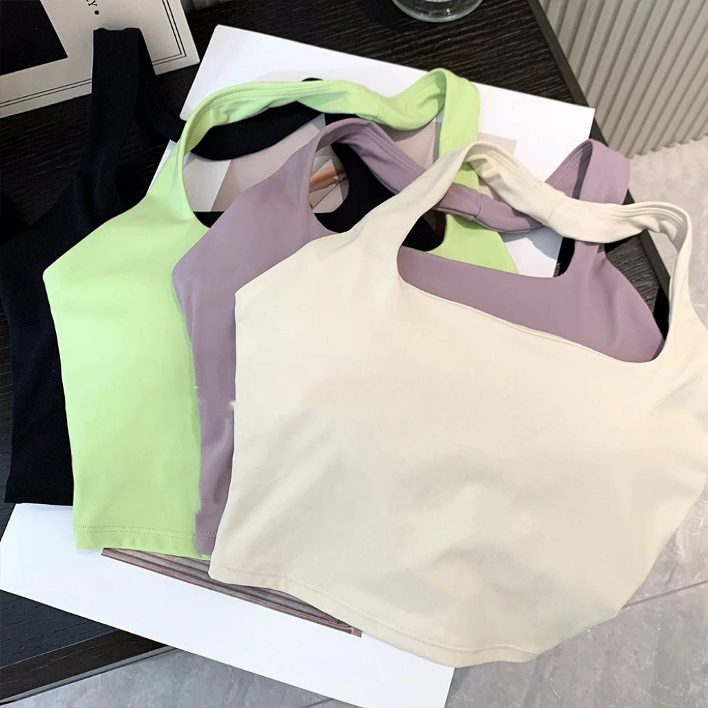 Aurelie Pleated Halter Bra - Open-Back Padded Nylon Sports Bra
