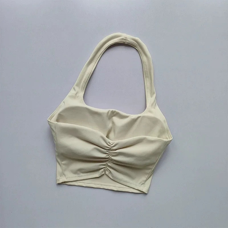 Aurelie Pleated Halter Bra - Open-Back Padded Nylon Sports Bra
