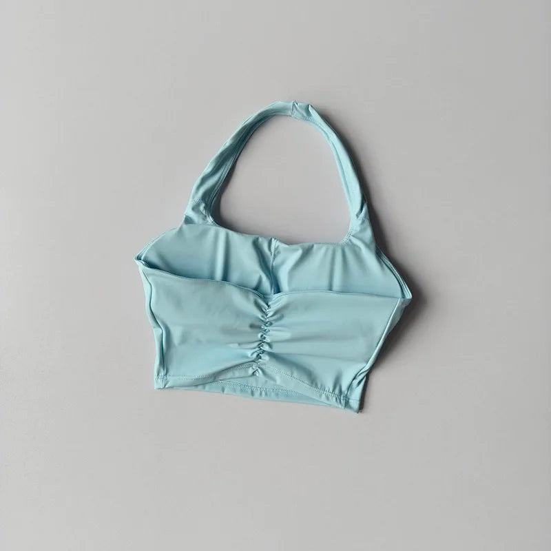 Aurelie Pleated Halter Bra - Open-Back Padded Nylon Sports Bra
