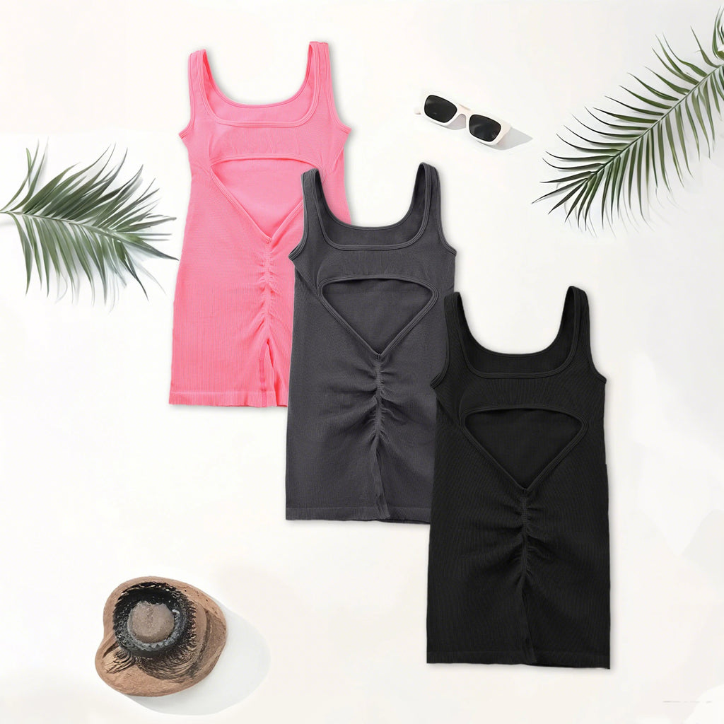 Dahlia Ribbed U-Neck Jumpsuit - Backless Sleeveless Yoga Bodysuit