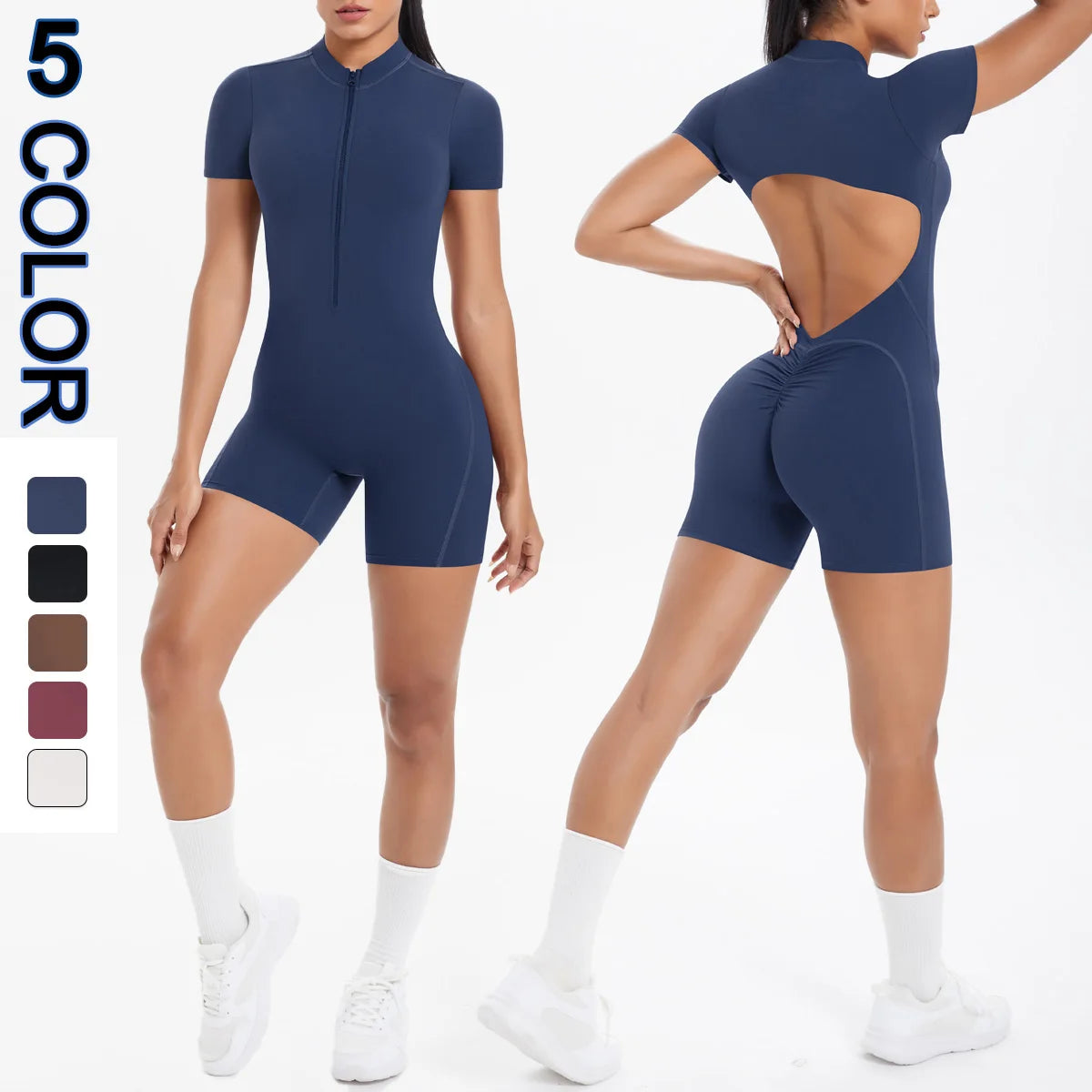 Ivy Zip Open-Back Romper - Short-Sleeve Nylon Biker Bodysuit