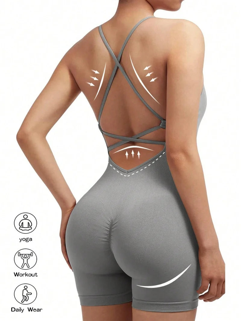 Cleo Cross-Back Scrunch Romper - Adjustable Strappy Gym Bodysuit