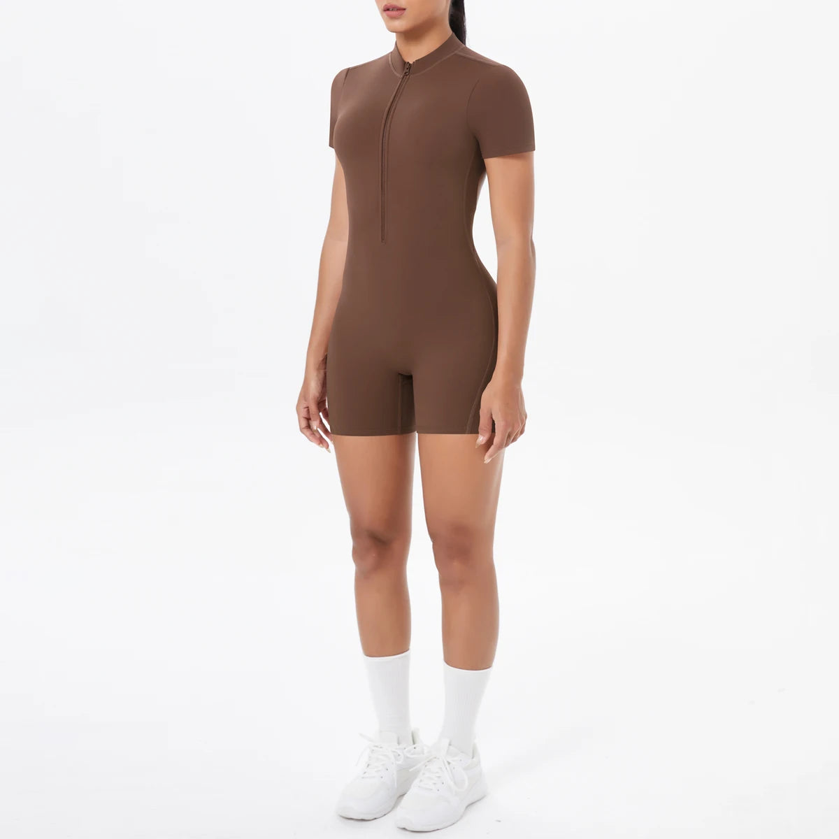 Ivy Zip Open-Back Romper - Short-Sleeve Nylon Biker Bodysuit