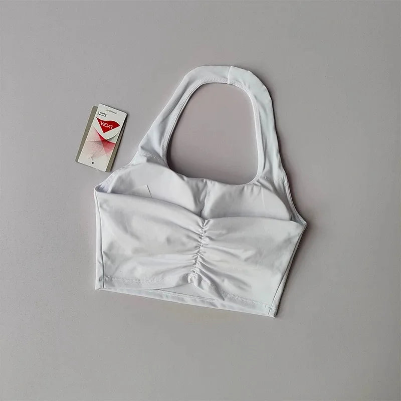Aurelie Pleated Halter Bra - Open-Back Padded Nylon Sports Bra