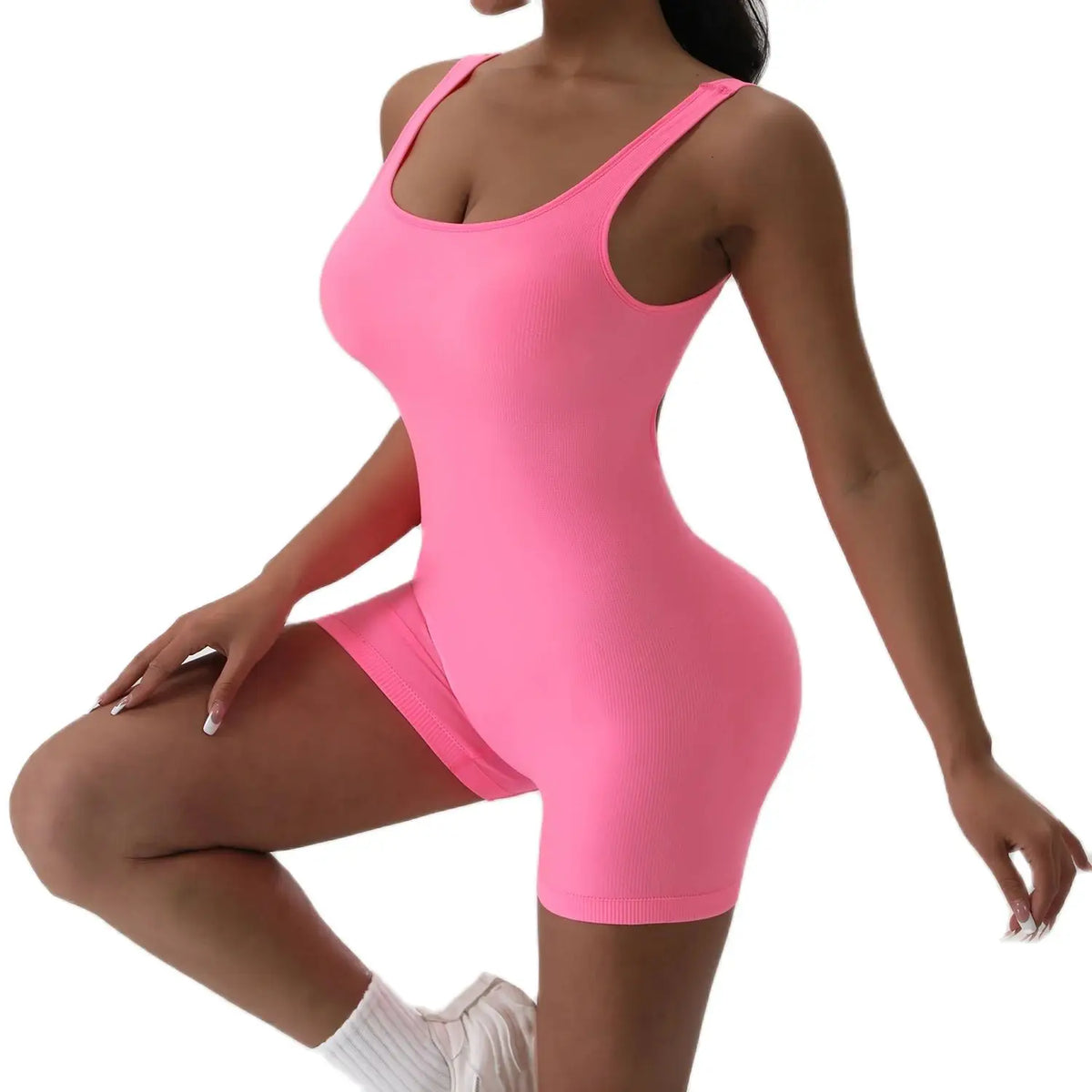 Dahlia Ribbed U-Neck Jumpsuit - Backless Sleeveless Yoga Bodysuit