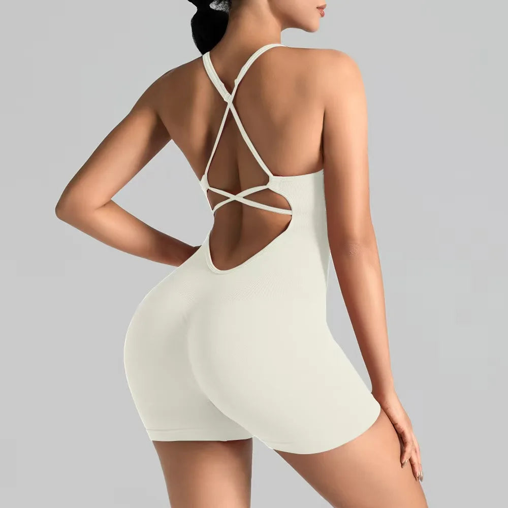 Tessa Strappy-Back Romper - Seamless Nylon Yoga Bodysuit with Shorts