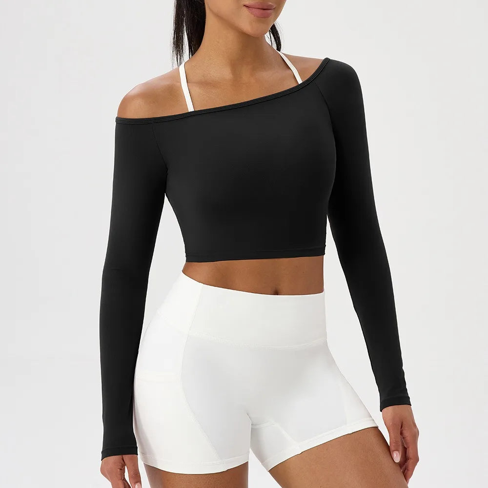 Sable Off-Shoulder Long-Sleeve Top - Nylon Quick-Dry Gym Top