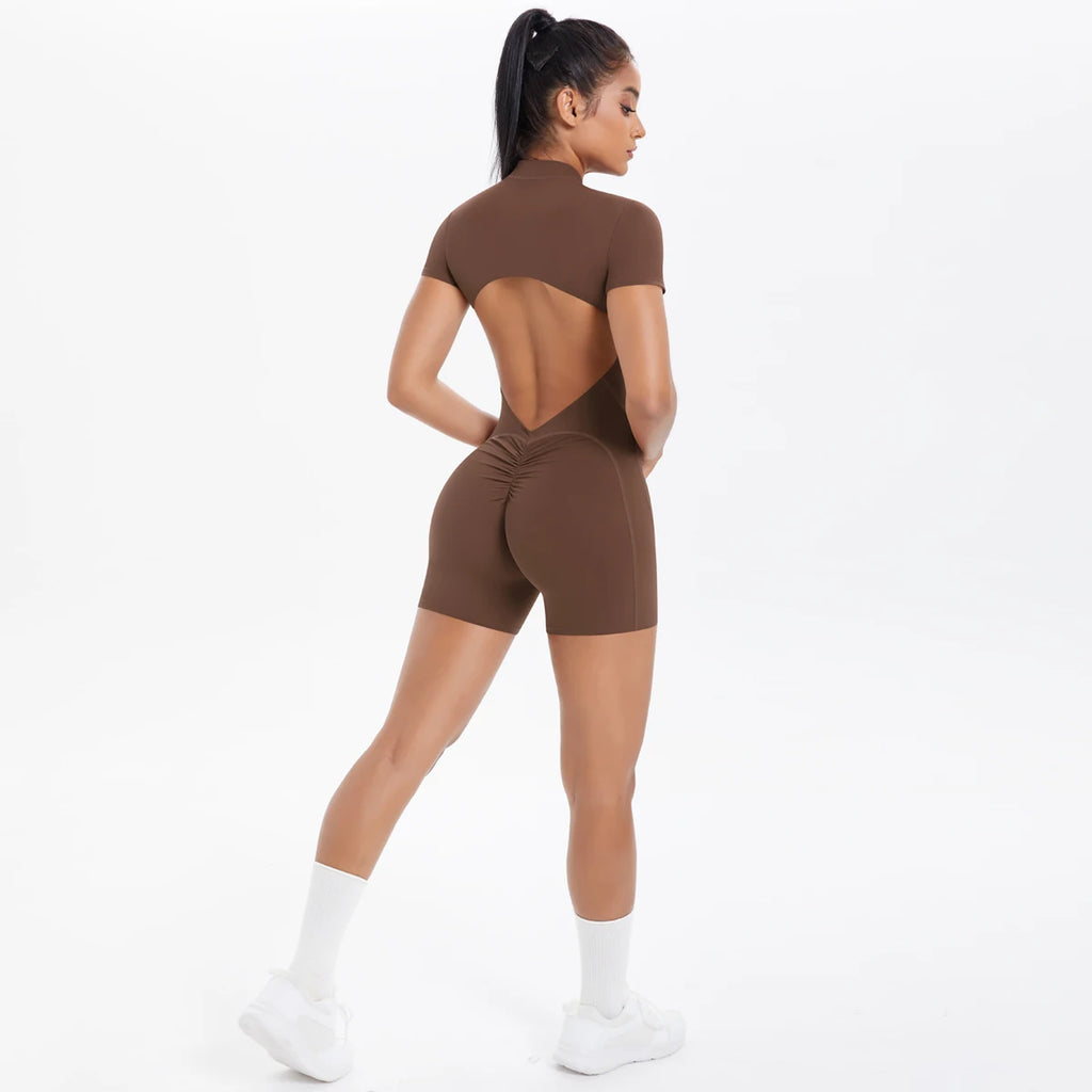 Ivy Zip Open-Back Romper - Short-Sleeve Nylon Biker Bodysuit