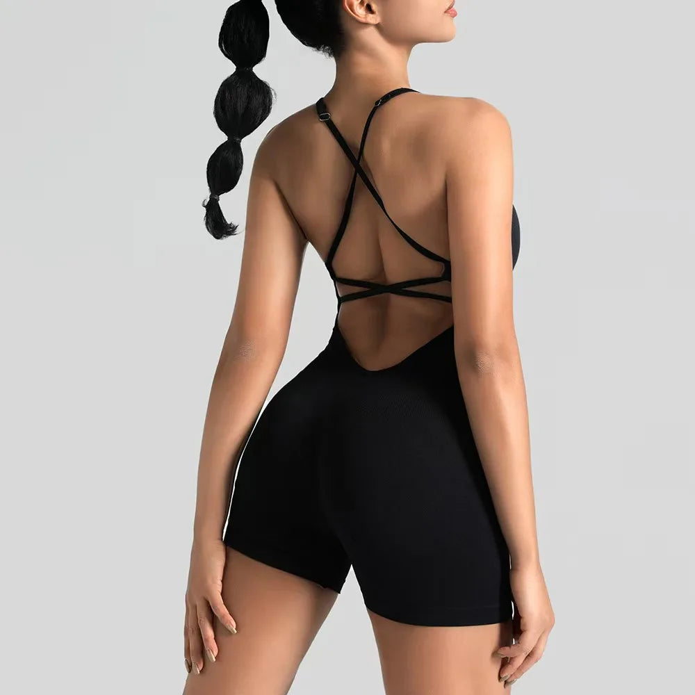 Tessa Strappy-Back Romper - Seamless Nylon Yoga Bodysuit with Shorts
