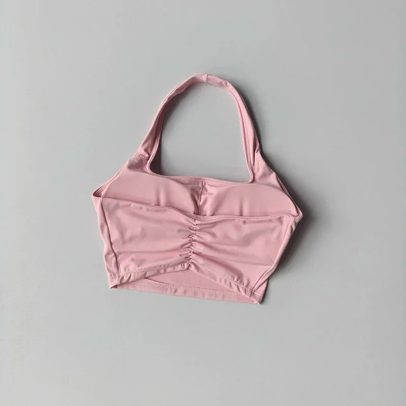 Aurelie Pleated Halter Bra - Open-Back Padded Nylon Sports Bra