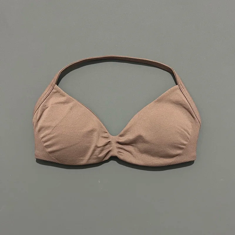 Nadia Strappy Halter Bra - Seamless Nylon Sports Bra for Women