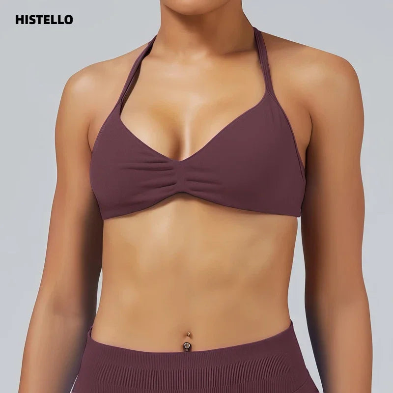 Nadia Strappy Halter Bra - Seamless Nylon Sports Bra for Women