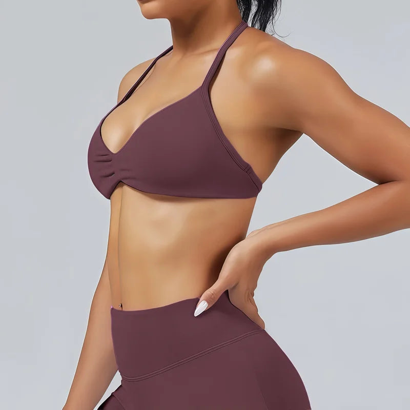 Nadia Strappy Halter Bra - Seamless Nylon Sports Bra for Women