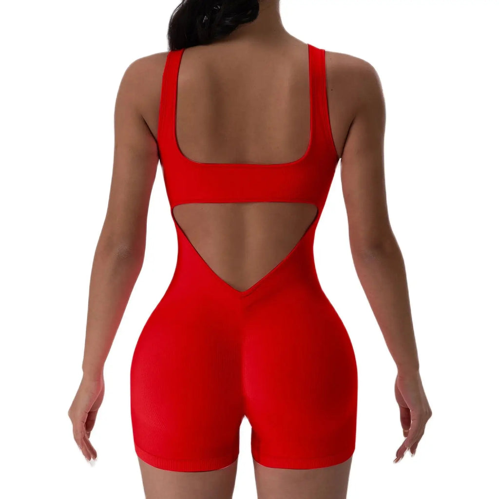 Dahlia Ribbed U-Neck Jumpsuit - Backless Sleeveless Yoga Bodysuit