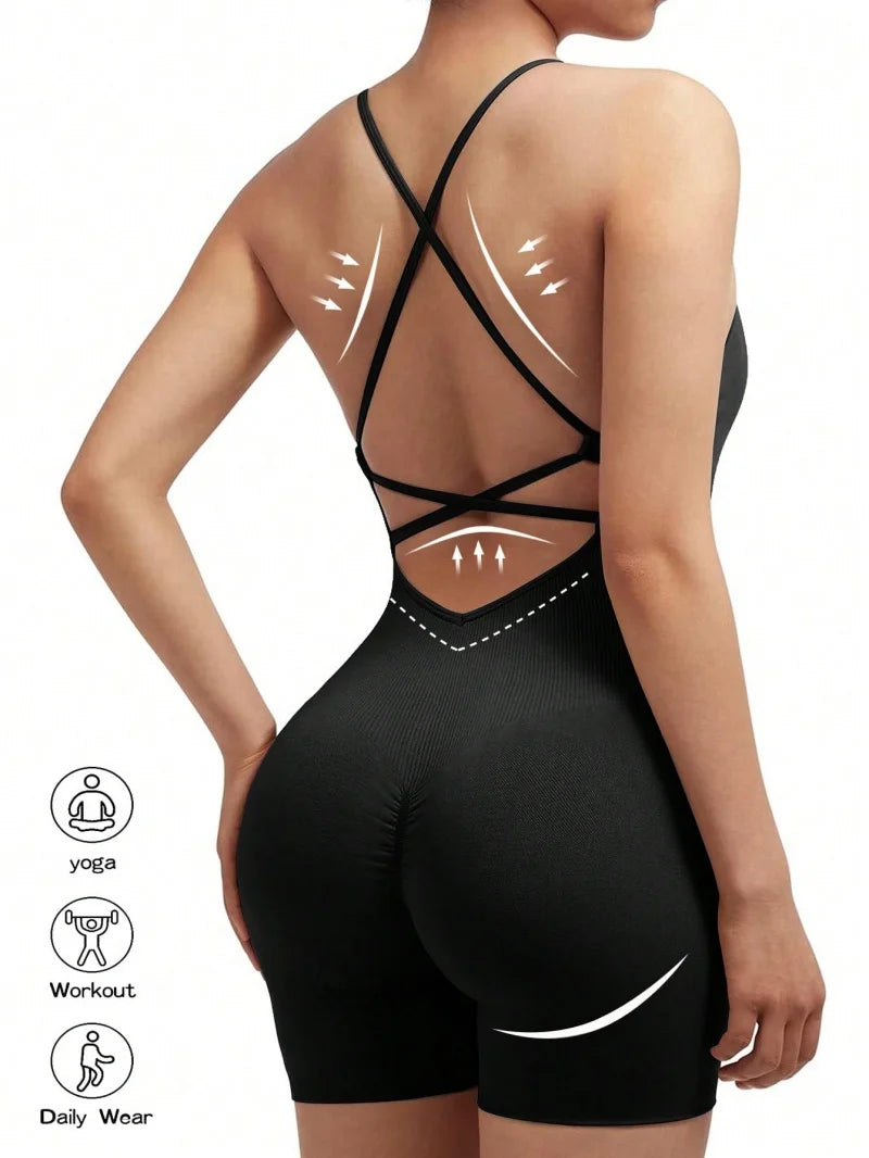 Cleo Cross-Back Scrunch Romper - Adjustable Strappy Gym Bodysuit