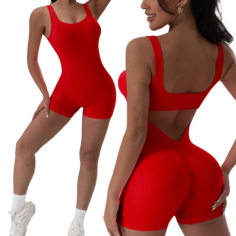Dahlia Ribbed U-Neck Jumpsuit - Backless Sleeveless Yoga Bodysuit