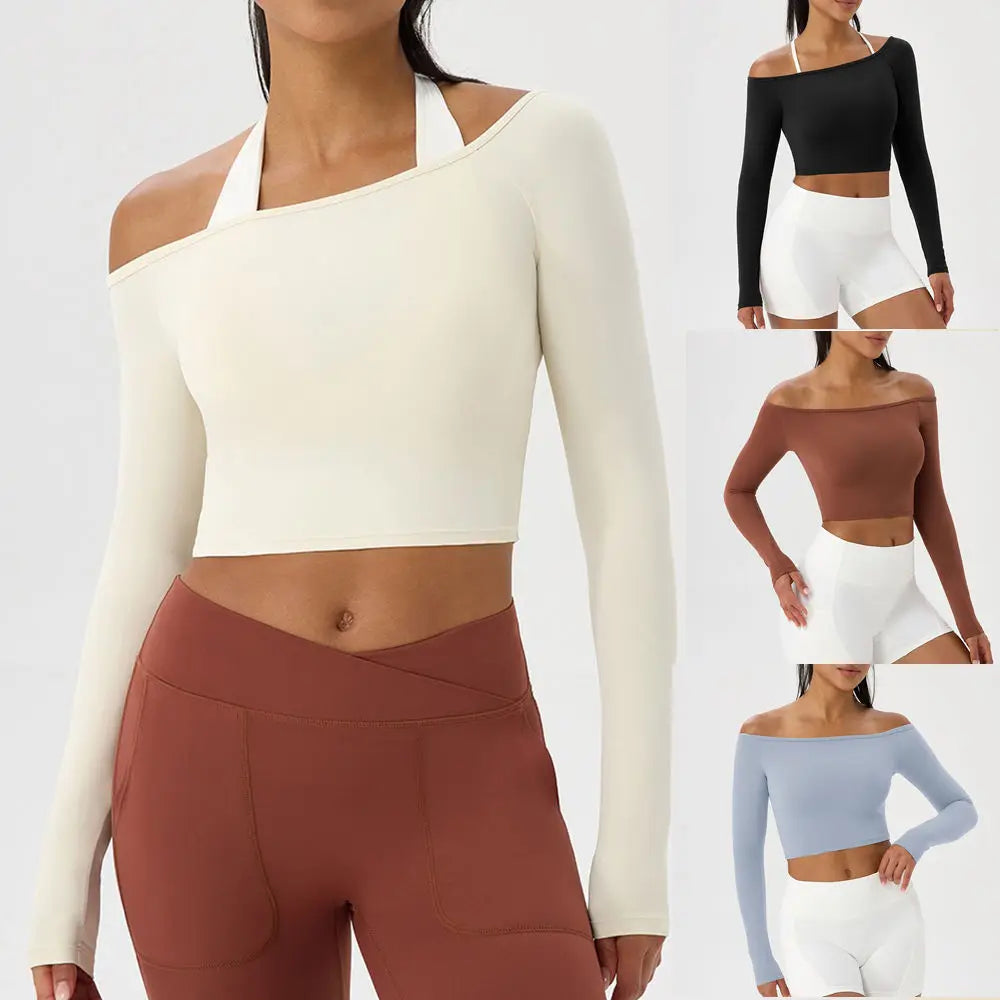 Sable Off-Shoulder Long-Sleeve Top - Nylon Quick-Dry Gym Top