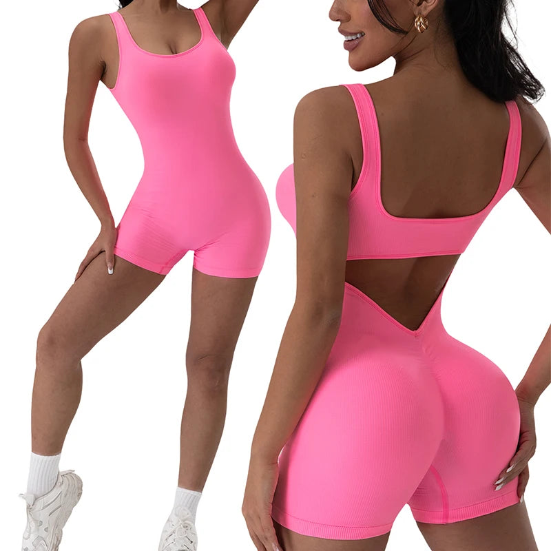 Dahlia Ribbed U-Neck Jumpsuit - Backless Sleeveless Yoga Bodysuit