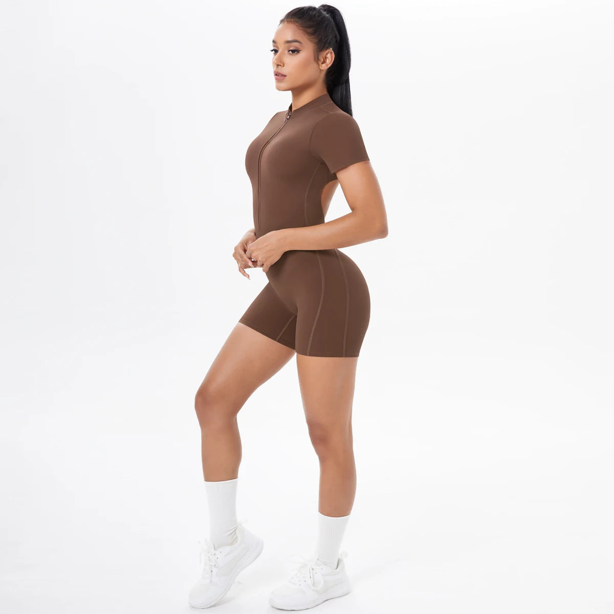Ivy Zip Open-Back Romper - Short-Sleeve Nylon Biker Bodysuit
