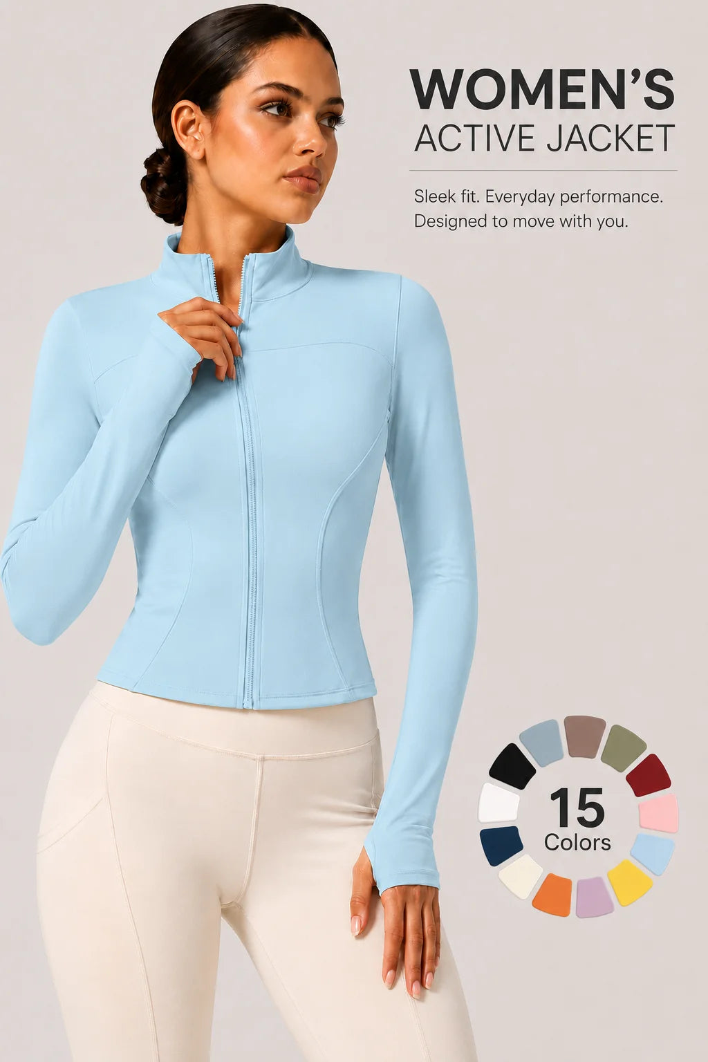 Harper Full-Zip Thumbhole Jacket - Slim-Fit Stretch Yoga Jacket