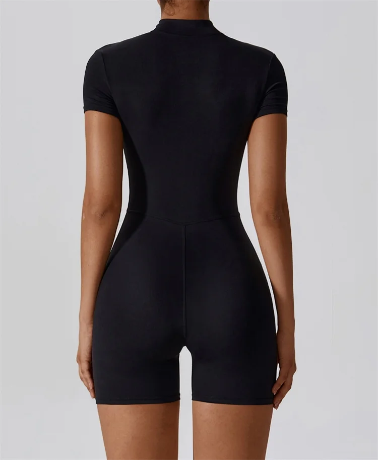 Sloane Half-Zip Romper - Short-Sleeve Mock-Neck Nylon Biker Bodysuit