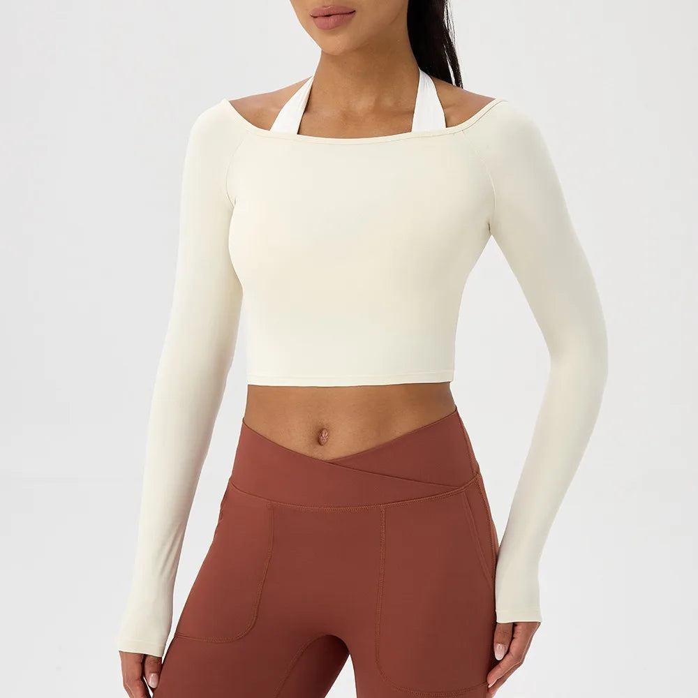 Sable Off-Shoulder Long-Sleeve Top - Nylon Quick-Dry Gym Top