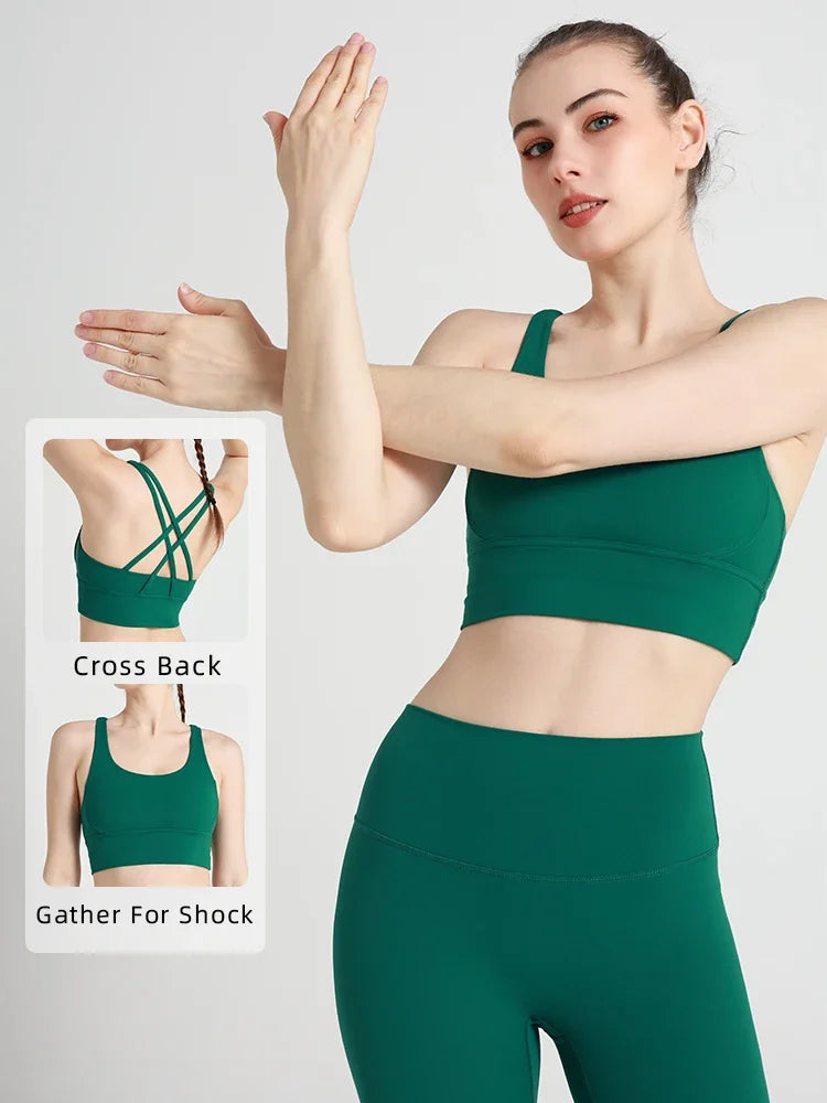 Vera Cross-Back Crop Bra - Nylon Spandex Longline Sports Bra for Women