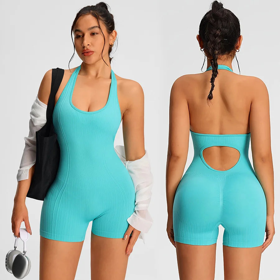 Marina Halter Open-Back Romper - Nylon Gym Bodysuit with Shorts