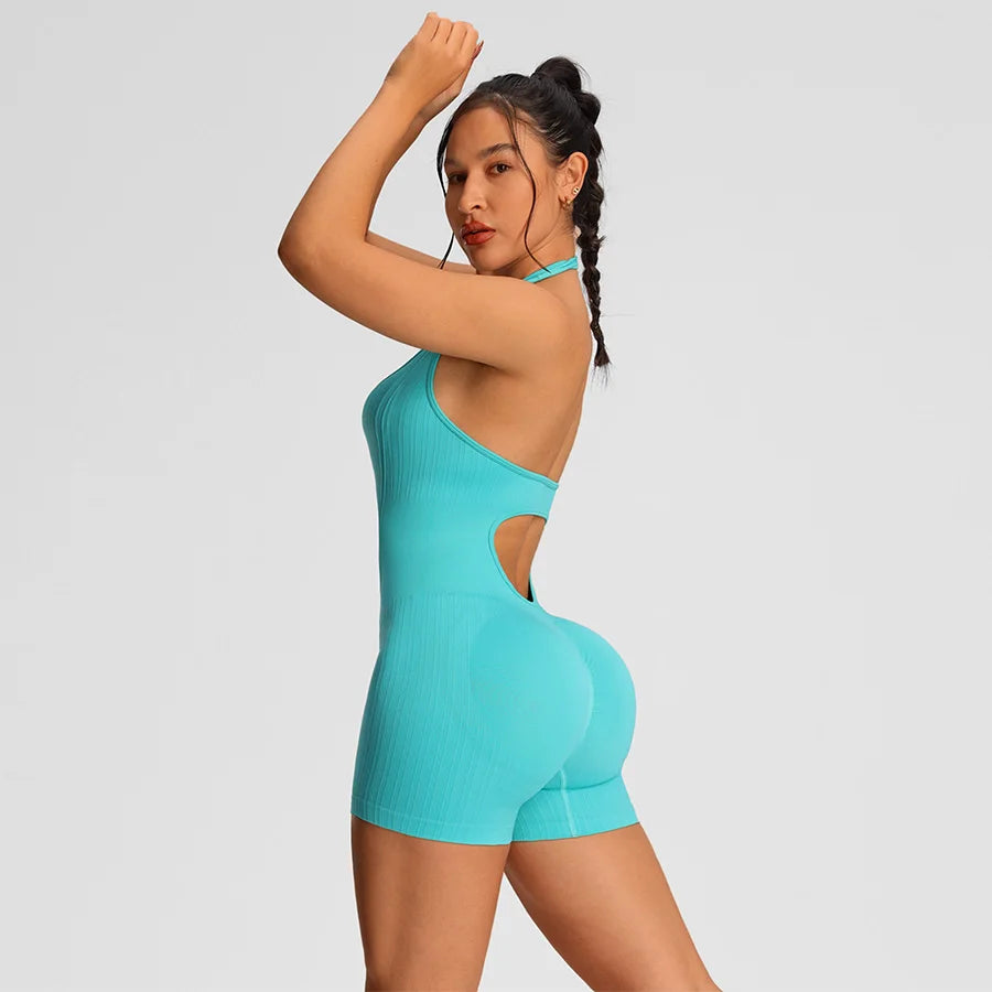 Marina Halter Open-Back Romper - Nylon Gym Bodysuit with Shorts
