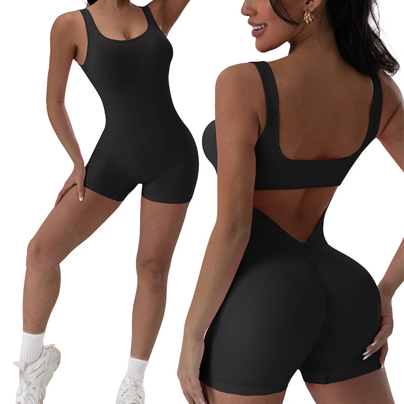 Dahlia Ribbed U-Neck Jumpsuit - Backless Sleeveless Yoga Bodysuit