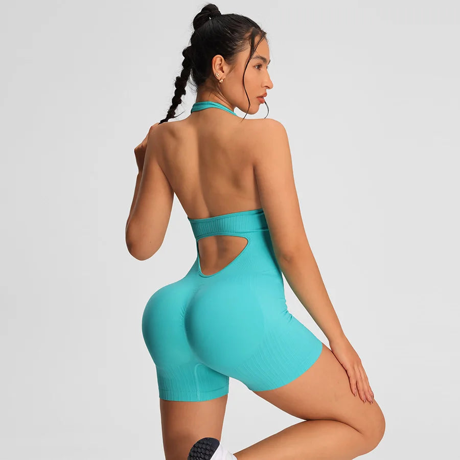 Marina Halter Open-Back Romper - Nylon Gym Bodysuit with Shorts