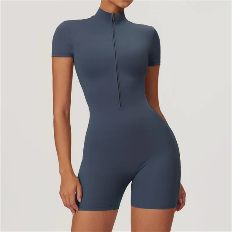 Sloane Half-Zip Romper - Short-Sleeve Mock-Neck Nylon Biker Bodysuit