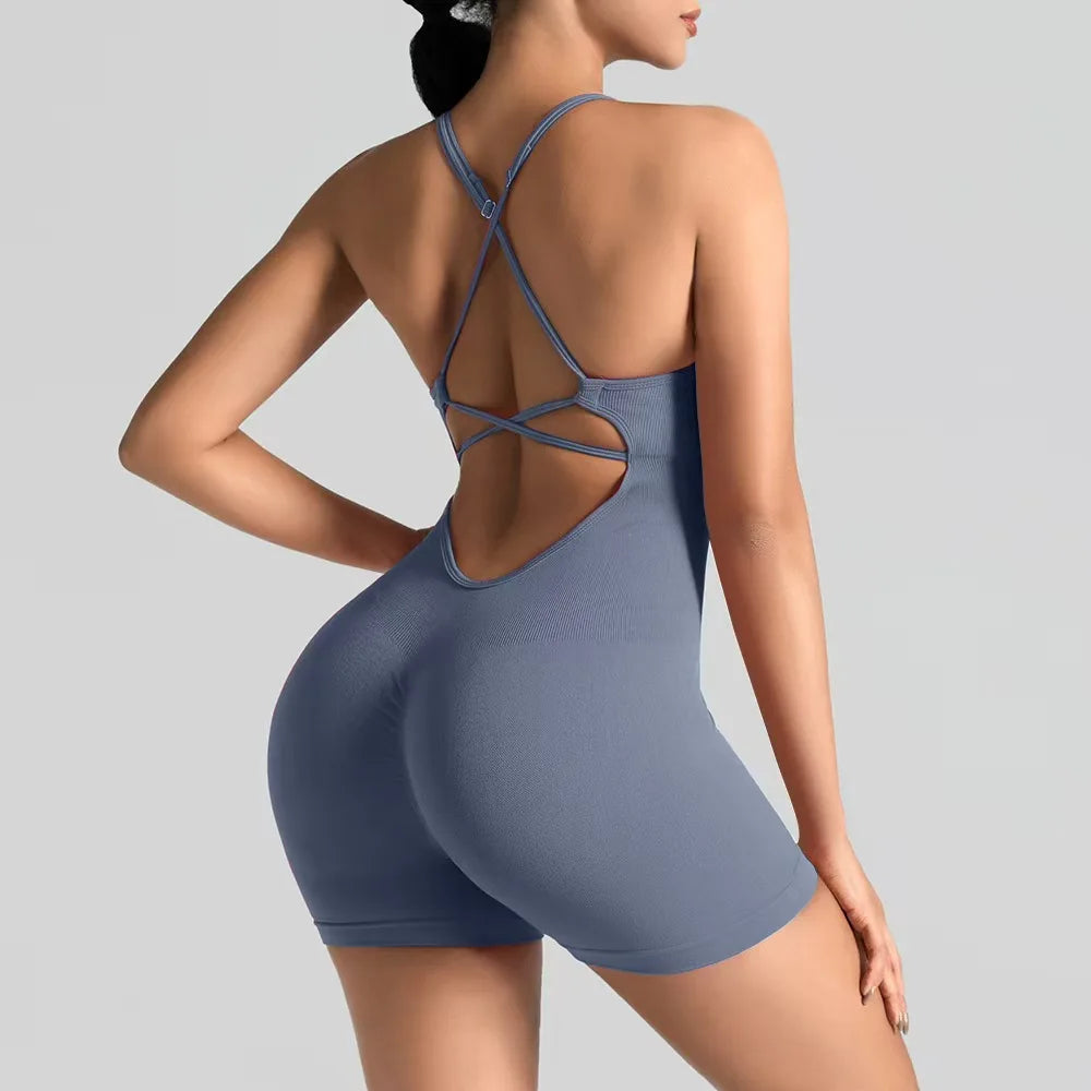 Tessa Strappy-Back Romper - Seamless Nylon Yoga Bodysuit with Shorts