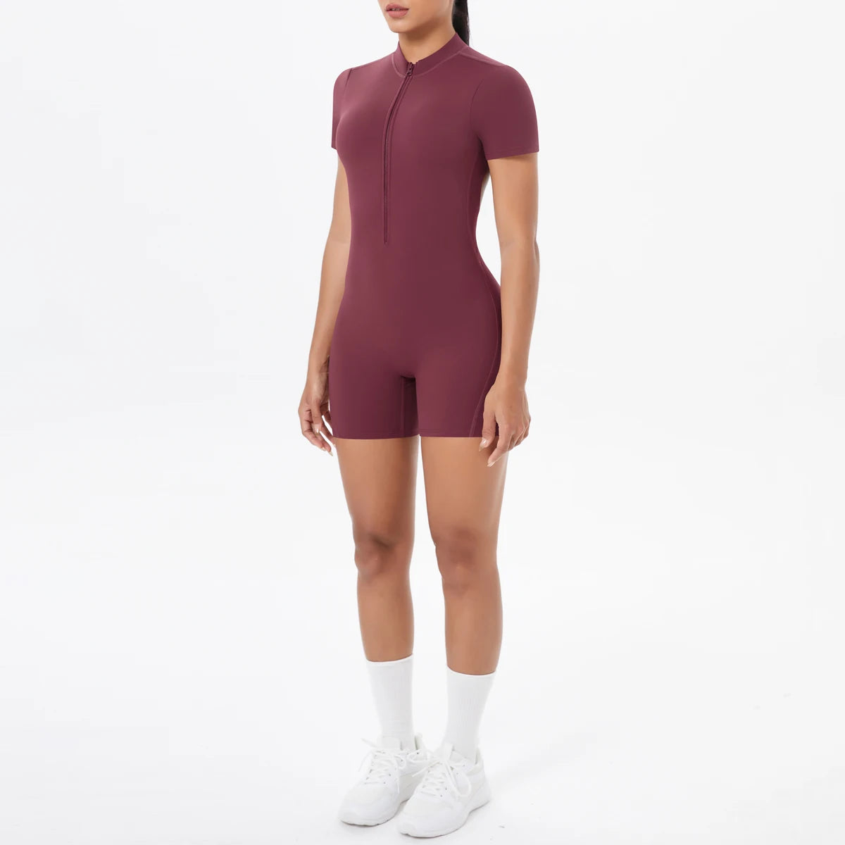Ivy Zip Open-Back Romper - Short-Sleeve Nylon Biker Bodysuit
