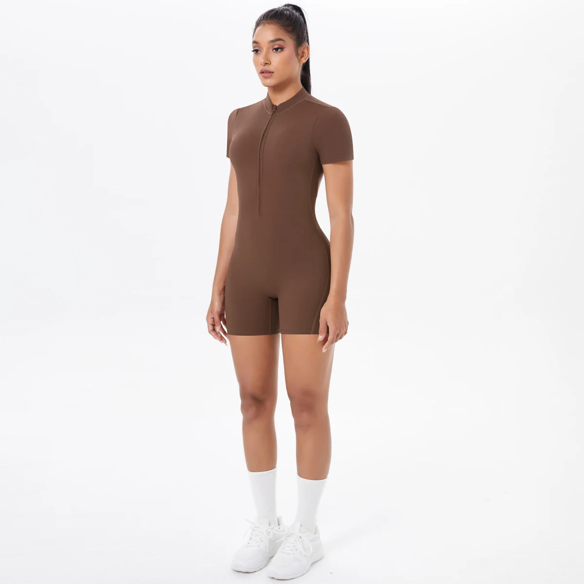 Ivy Zip Open-Back Romper - Short-Sleeve Nylon Biker Bodysuit